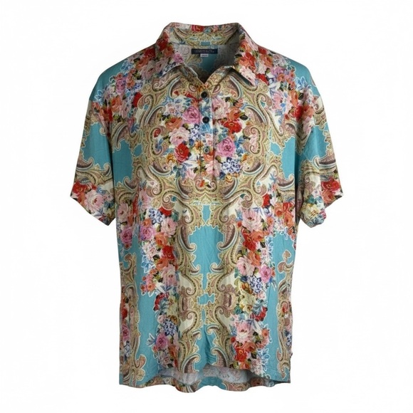 JOHNNY WAS Rivoray Floral Short Sleeve Polo Tee Women's Size Large BOHO - Picture 2 of 12